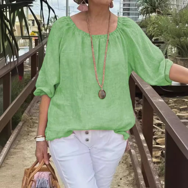 Marcatino™ CasualTop: Ronde Hals Mid Sleeve Katoenen Linnen Casual Damestop