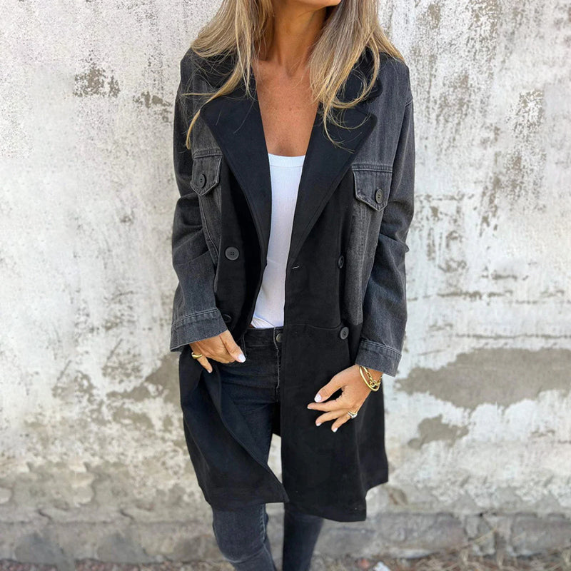 Marcatino™ | Trenchcoat van Middellange Lengte met Stiksels in Denim Jean